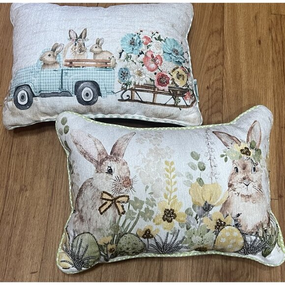 Bunny Boulevard Rabbit Decorative Throw Pillows Set of 2 Easter Spring Pastel - Picture 1 of 10